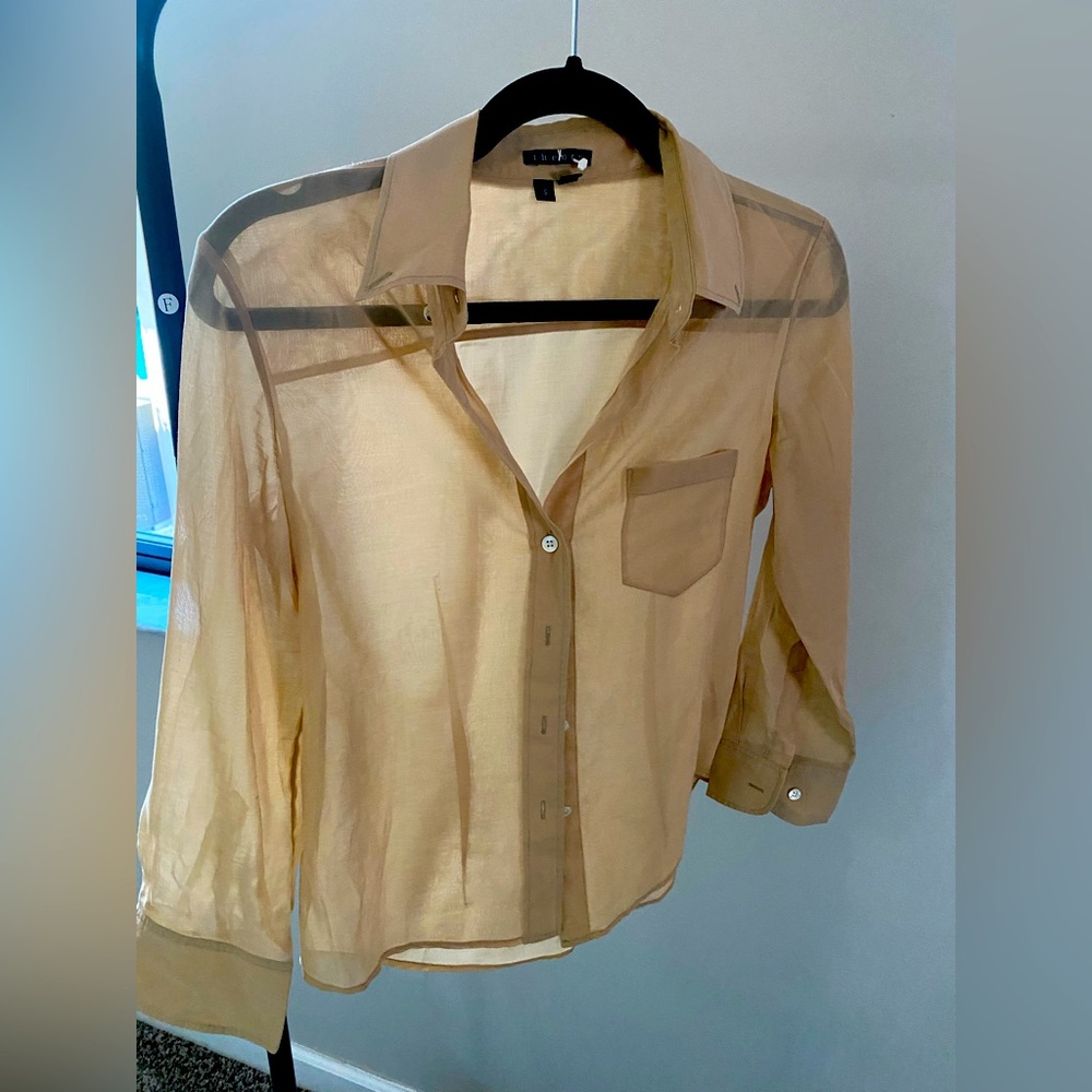 Theory.   Khaki sheer long sleeve top.